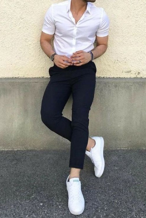 lacivert keten pantolon beyaz gömlek kombini erkek