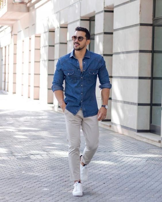 Mavi kot gömlek kombinleri erkek