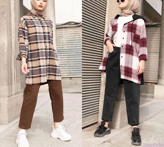 ekose gömlek kombinleri tesettür