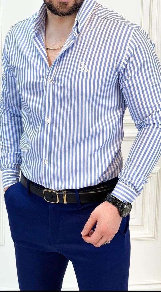 mavi beyaz çizgili gömlek kombinleri erkek